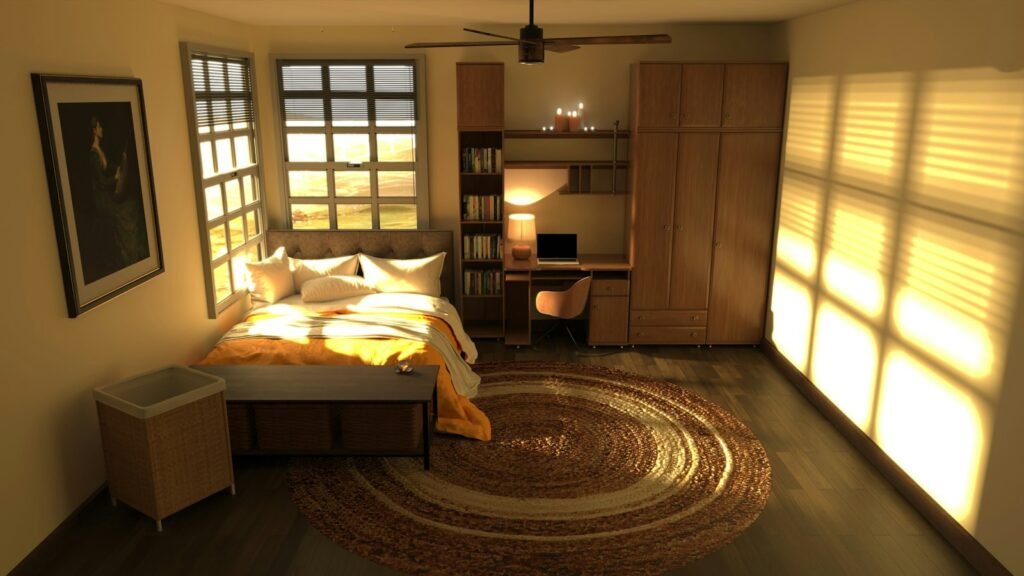 Cozy bedroom ideas: warm neutral bedroom with layered bedding and soft lighting